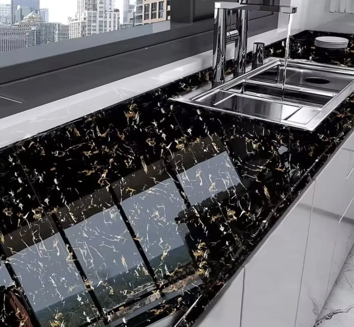 image of kitchen sink area with nice tiles